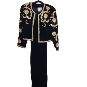 Vintage Alyce Designs Black Velvet Gold Beaded Maxi Dress And Jacket Size 16